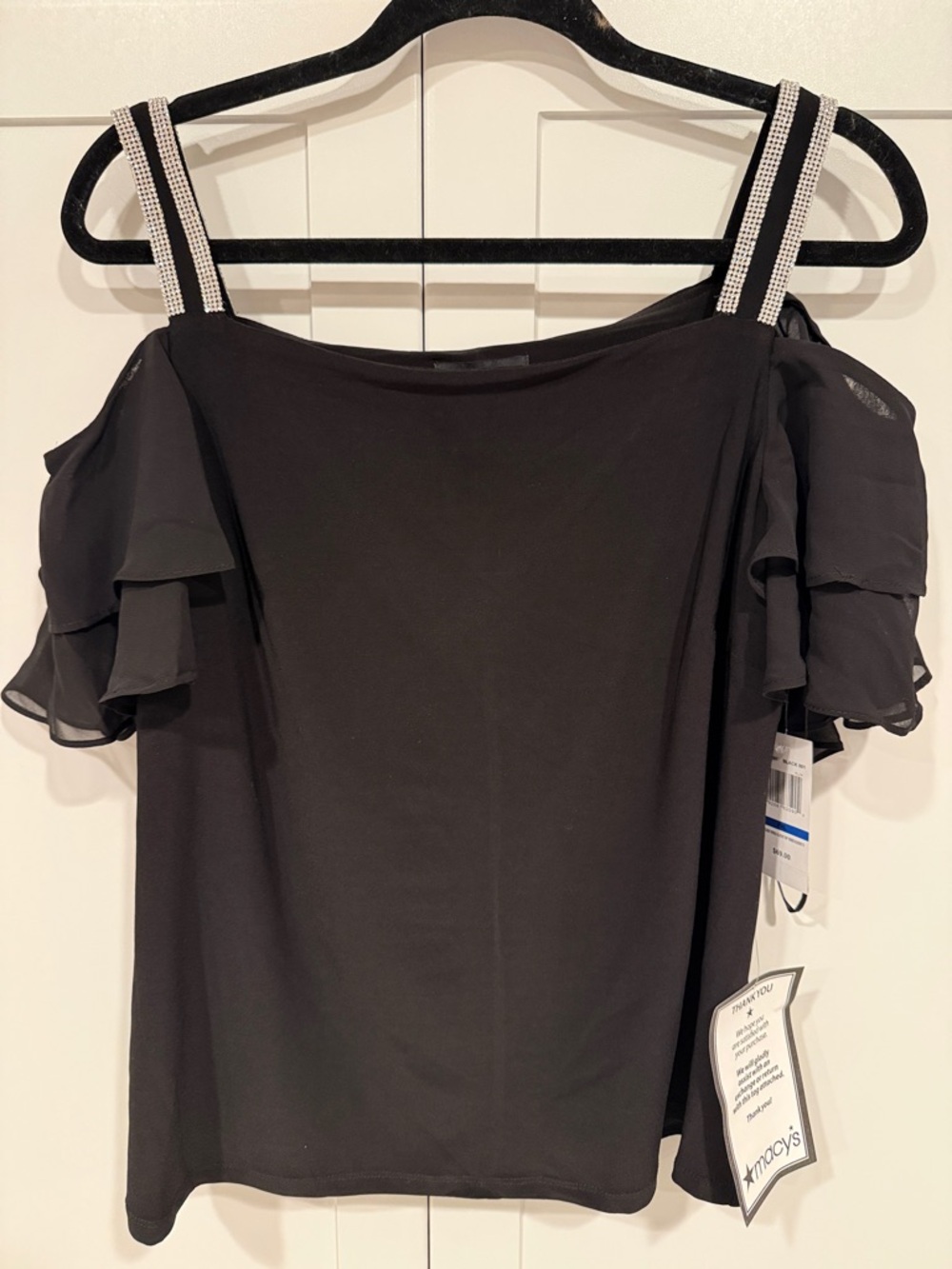 MSK Black Cold-Shoulder Blouse with Rhinestone Double Straps